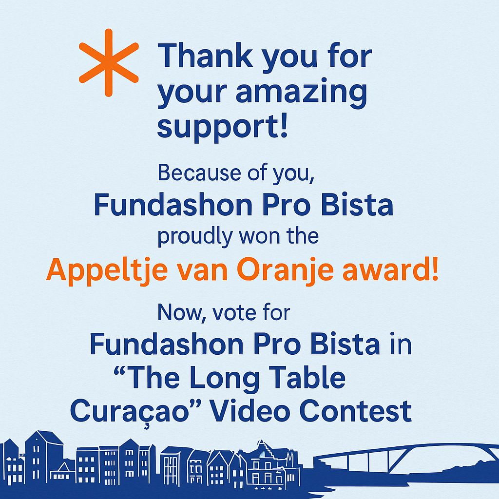 ProBista's tweet photo. Thank you Curaçao! 🇨🇼
Because of your love, Fundashon Pro Bista won the 🧡 Appeltje van Oranje!

Now help us shine again 🌟
Vote for us in The Long Table Curaçao 🎥
👉 https://t.co/z2Ot4OiZP5
#Curacao #FundashonProBista #TheLongTable https://t.co/APJS54aosu