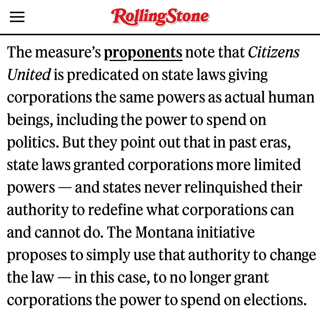 davidsirota's tweet image. This is some of the best political news I've seen in a very long time.
There's a clear a way to end Citizens United by changing state incorporation laws - and now luminaries in both parties are forcing a vote on it in the 2026 election.