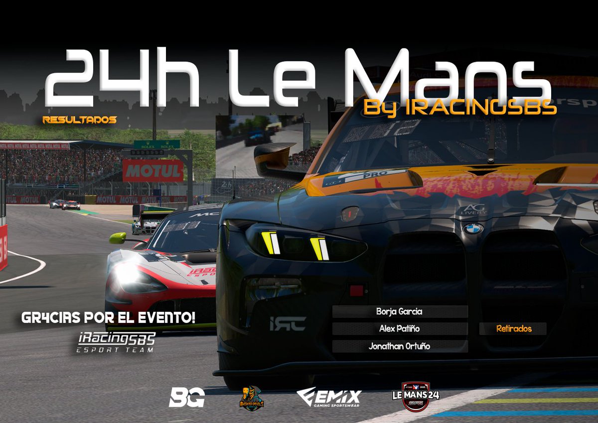 #Resultados de las #24LeMans by <a href="/iracingsbs/">iRacingSBS</a> 

🫣 Nuestros chicos no tuvieron la mejor de las suerte con un fuerte accidente despues de mas de 5 horas de carrera del cual a las 6h y poco retiramos el coche tras otro error nuestro

📍 Retirados
👥 <a href="/GartxiGR7/">Borja Garcia</a> <a href="/Alexpa94/">Alex</a>