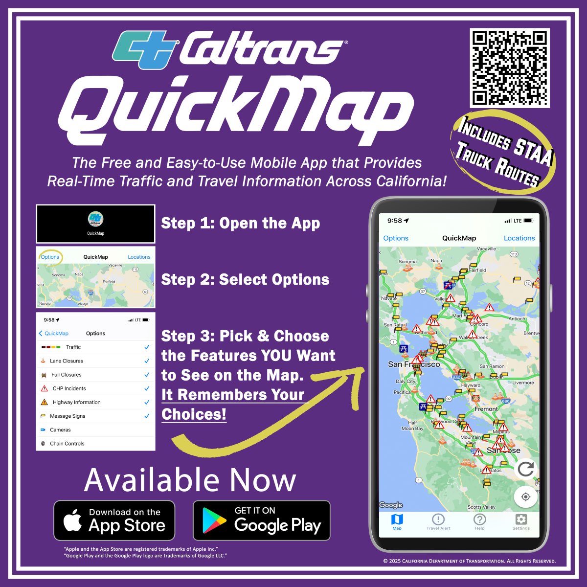 CaltransD4's tweet image. 🚗 Drivers — Before you hit the road, check our free #QuickMap app or visit QuickMap.dot.ca.gov for the latest updates on road closures, chain controls, and more. Stay informed, travel safe! 🛣️
#knowbeforeyougo #drivesafely
@CaltransHQ @CHP_HQ #caltransD4 #SlowFortheConeZone
