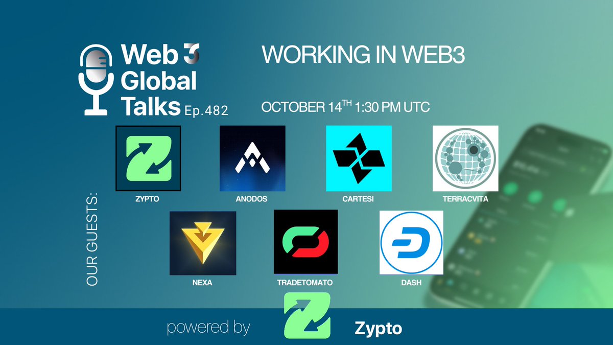 📻 #GM - Join us for Tuesday's Web3 Global Talks! 

🎙️  Our Guests: <a href="/ZyptoApp/">Zypto App</a>,<a href="/AnodosFinance/">Anodos 🔼</a>, <a href="/cartesiproject/">Cartesi</a>, <a href="/TerracVita/">TerraCVita</a>, <a href="/NexaMoney/">Nexa</a>, <a href="/trade_tomato/">Tradetomato</a>, <a href="/Dashpay/">Dash</a> 

Set your reminders 👇