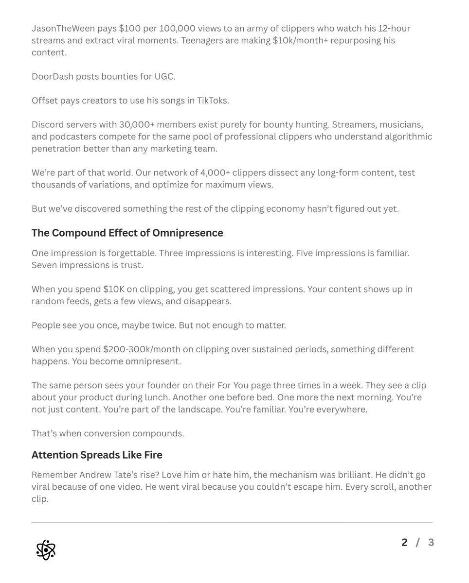 subahwadhwani_'s tweet image. The first tech company to spend $1M on clipping over 3 months will have an unfair advantage.

Not because clipping is new. Because nobody&apos;s tested what happens at true scale.

Why attention compounds (and why tech is underspending on clipping):