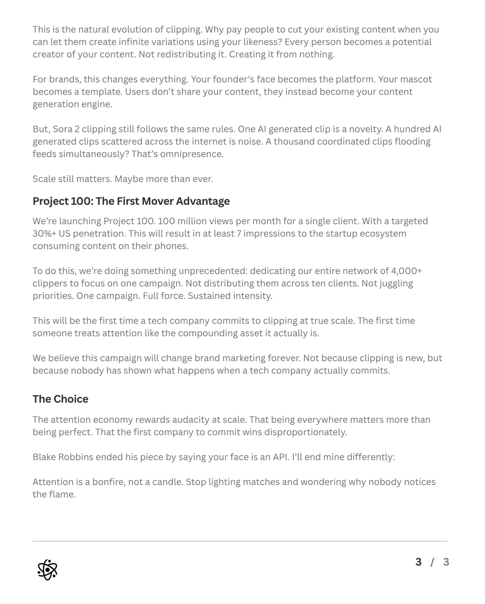 subahwadhwani_'s tweet image. The first tech company to spend $1M on clipping over 3 months will have an unfair advantage.

Not because clipping is new. Because nobody&apos;s tested what happens at true scale.

Why attention compounds (and why tech is underspending on clipping):