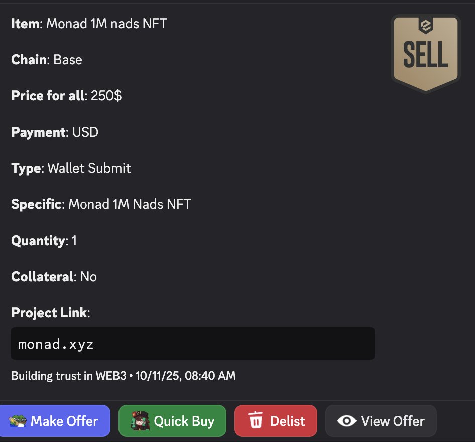 <a href="/monad/">Monad</a> YOU CAN SELL UR MONAD TEST TOKENS THROUGH OTC MARKET

Alpha!!!

😱Monad testnet tokens trading at 0.1$ per token

♦️How to buy WL through otc market?

There's a Discord server (an escrow market) where I buy

📌Join the OTC server
discord.gg/exsavers
