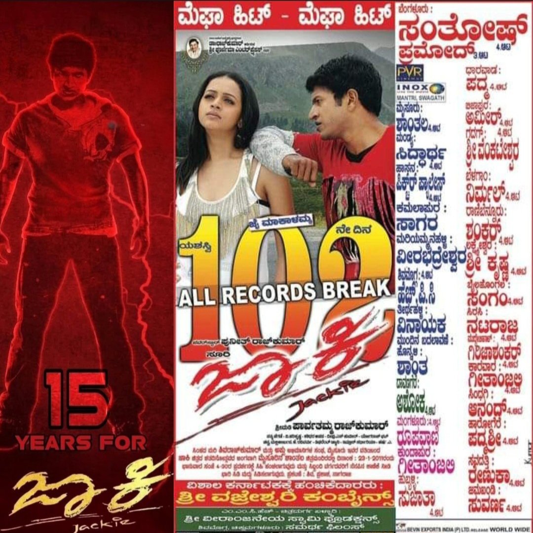 15 Years For
 Cult Classic 
Everyone's Favourite
All Time Blockbuster
 Idonde Masterpiece
 " Jackie " 🐐 
Completed 50 Days In 100+ Theatres 
Completed 100 Days In 35 Theatres 
Emerged As Highest Grossing Movie Of 2010 
#15YearsForCultClassicBBJackie
#DrPuneethRajkumar𓃵