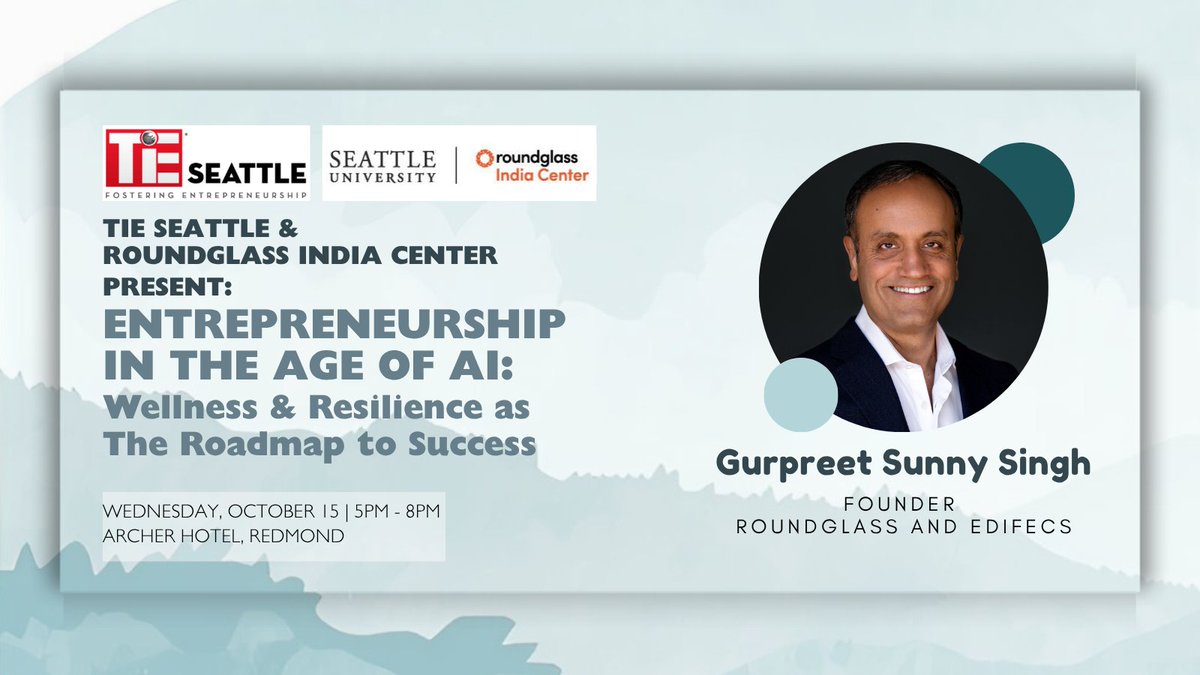 2 days to go!
Entrepreneurship in the Age of AI: Wellness &amp; Resilience for Entrepreneurs
Featuring Sunny Singh, Founder- Roundglass Living, who turned his burnout into a movement for holistic well-being.

Register now: events.tie.org/TiESeattleRoun…

#Wellbeing #Entrepreneurship