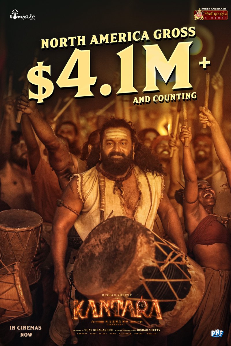 The roar grows louder in North America! 🔥

#Kantara continues its unstoppable run, crossing $4,125,966+ and counting!
A divine saga that’s conquering hearts across continents.

#BlockbusterKantara   
MUST WATCH IN THEATRES 
Kantarachapter1.com 🎫 

#Kantara   NA by