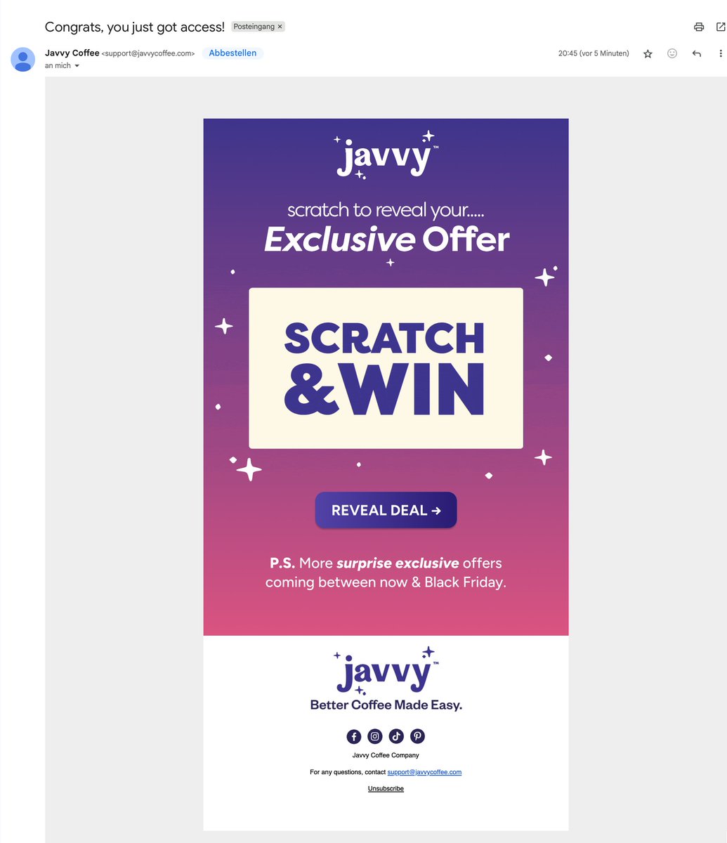 IdrisEcom_email's tweet image. Why this “Scratch & Win” email is worth a test:
• Subject line = curiosity hit (“Congrats, you just got access!”)
• Turns a boring discount into a game
• Simple layout — 1 message, 1 CTA
• Ends with FOMO (“more surprise offers coming soon”)
Perfect pre-Black Friday warmup…