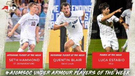 Three worthy award winners this week! ⚽️

OFFENSE | Seth Hammond, <a href="/BonniesMSoccer/">Bonnies Men’s Soccer</a> 
DEFENSE | Quentin Blair, <a href="/SLUMensSoccer/">SLU Men's Soccer</a> 
ROOKIE | Luca Estabio, <a href="/VCUMensSoccer/">VCU Men's Soccer</a> 
🔗 atlantic10.com/25msocpotw8

#A10MSOC #A10FIFTY