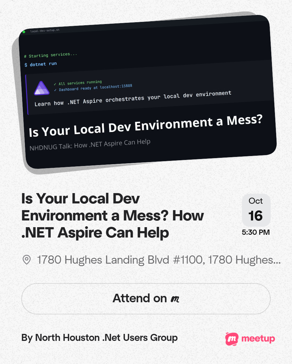 Aaronontheweb's tweet image. This Thursday at 5:30pm I&apos;ll be giving a talk at @nhdnug  &quot;Is Your Local Dev Environment a Mess? How .NET Aspire Can Help&quot;

🔗in next post