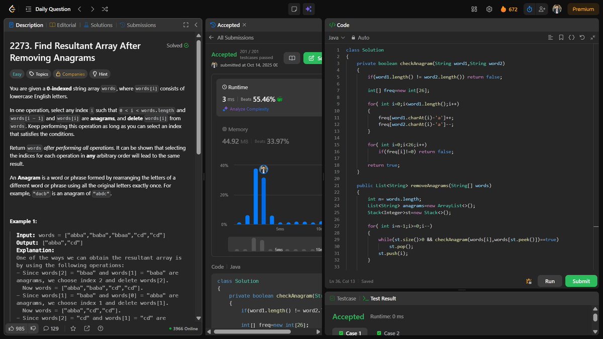 Kartscode's tweet image. 🇮🇳🔹 LeetCode Daily Challenge
🧩 Problem: Find Resultant Array After Removing Anagrams
📘 LC No.: 2273
💡 Approach: 🌀 Reverse Stack Sweep
🔥 Day 672 Streak
#LeetCode #Java #ProblemSolving #DailyChallenge #TechStudent #CodingJourney #BuildInPublic #DSAWithJava #DSA #100DaysOfCode