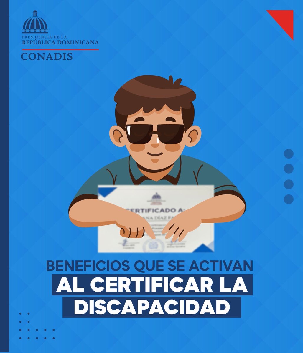 ConadisRD's tweet image. ¿Conoces los beneficios del Certificado de Discapacidad? 🤔

Este documento oficial te permite acceder a programas, servicios y oportunidades que promueven la inclusión y el ejercicio pleno de tus derechos.

¡Infórmate y acércate al CONADIS! 

#CONADIS #InclusiónSocial