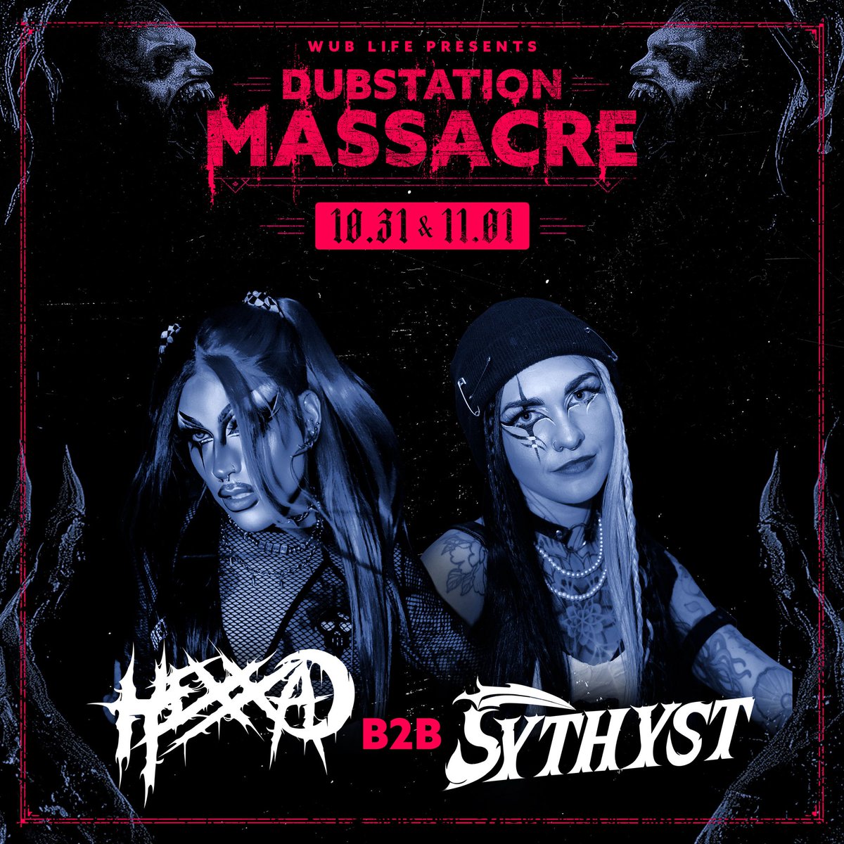 DubMassacre's tweet photo. 𝖆𝖗𝖙𝖎𝖘𝖙 𝖘𝖕𝖔𝖙𝖑𝖎𝖌𝖍𝖙 𝟏𝟎// @hexxaofficial &amp; @Sythystbro are ripping open the gates for their Dubstation Massacre B2B debut this Halloween; a set built to possess your very soul 🔪🖤

What should our Halloween costumes be? Drop your ideas below 👻 https://t.co/0T4S9DmQGF