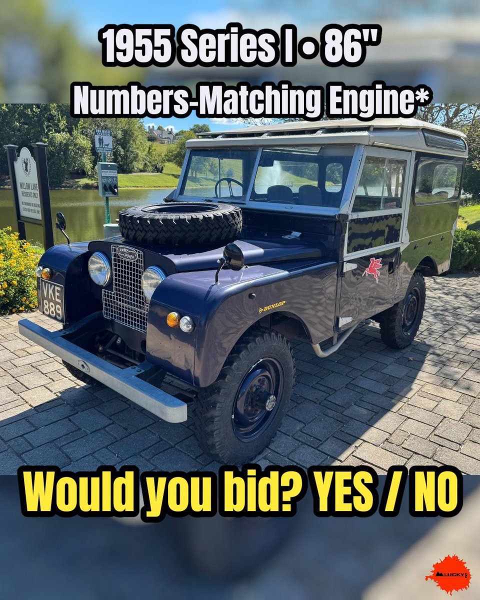 Lucky8OffRoad's tweet photo. 🚨 Today’s Auction Find: 1955 Land Rover 86" Series I—bonnet spare, split screen, safari roof, 4-speed manual; numbers-matching noted.
Patina or refresh? Love, leave it, or both?
#Lucky8OffRoad #SeriesOne #Classic4x4 #CarsAndBids https://t.co/OE3tqcfUJp