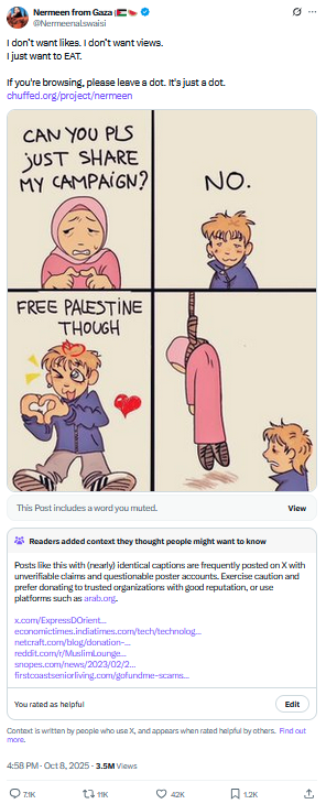 Good day! 

This may be drastically different from what I usually post, but I think this is important.

I have see a variety of ostensibly #Palestinian users with nearly identical captions asking us to leave a dot, asking for food. I myself have left some dots before...