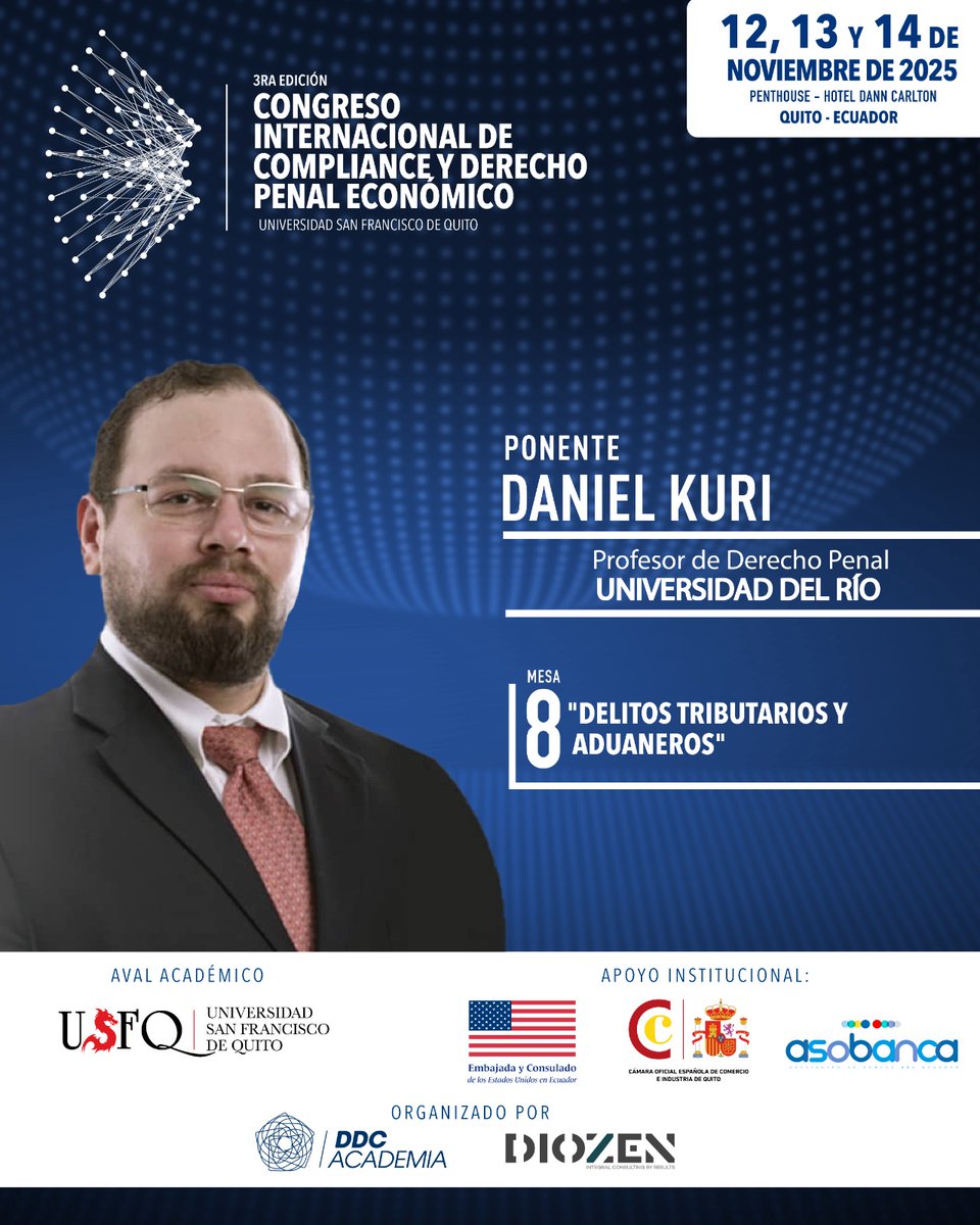 🔵  #CODPE2025
Nos complace presentar a nuestro panelista confirmado, <a href="/Danku_G/">Daniel Kuri García</a> , Profesor de Derecho Penal de la <a href="/udrgye/">Universidad del Río</a> .

Mesa 8 "Delitos tributarios y aduaneros".

🔗 Mas info:
ddcacademia.com/CODPE2025?code…