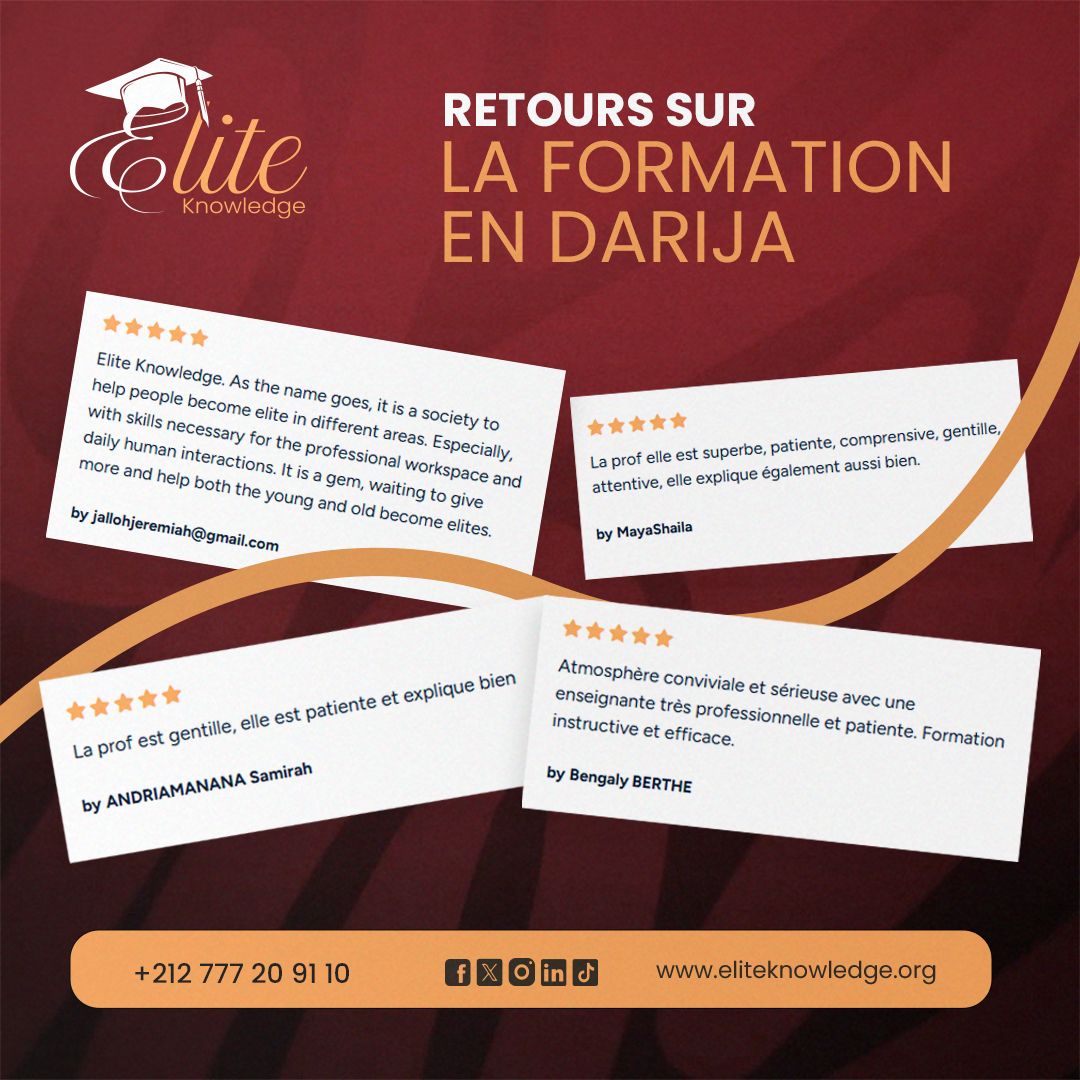 eliteknowledg's tweet image. ✨Un plaisir d’avoir partagé cette expérience ensemble ❤️

Pour rejoindre la prochaine session de notre formation en Darija :
eliteknowledge.org/courses/format…

Ou écrivez-nous au : +212777209110

Think Elite. Be Elite ✨
#eliteknowledge #elite #knowledge #darija #morocco #apprendre
