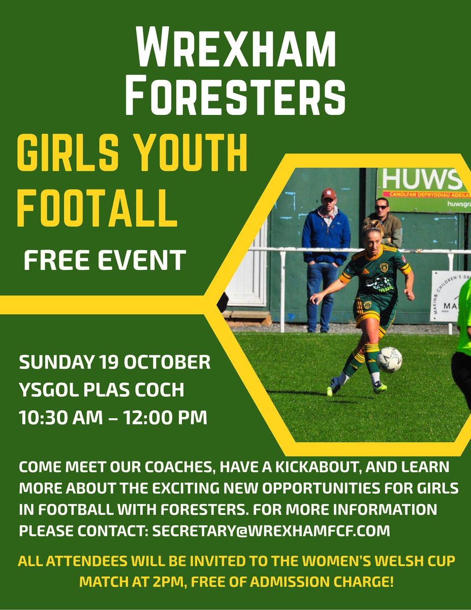 The Wrexham Foresters are launching a new girls football programme, and we want you to be part of it!

Whether your daughter already plays or just wants to give football a go, this is the perfect place to start.

Sunday 19 October
Ysgol Plas Coch
10:30 AM – 12:00 PM
All skill