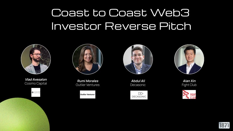 Decasonic ⏩ (@decasonic) on Twitter photo Catch <a href="/fundbrah/">Abdul</a> speaking at <a href="/1871tech/">1871</a> Emerging Tech Innovation Week!
He’ll join <a href="/vavesalon/">Vlad Avesalon</a> of <a href="/CosimoCapital/">Cosimo Capiτal ⚜️</a>, <a href="/rumimorales/">Rumi Morales</a> of <a href="/OVioHQ/">Outlier Ventures</a> & <a href="/xinalan/">Alan Xin</a> of <a href="/fight_club_vc/">Fight Club 🥊| BanklessDAO</a> for the Coast to Coast Web3 Investor Reverse Pitch.
They’ll explore how investors are backing founders driving Catch <a href="/fundbrah/">Abdul</a> speaking at <a href="/1871tech/">1871</a> Emerging Tech Innovation Week!
He’ll join <a href="/vavesalon/">Vlad Avesalon</a> of <a href="/CosimoCapital/">Cosimo Capiτal ⚜️</a>, <a href="/rumimorales/">Rumi Morales</a> of <a href="/OVioHQ/">Outlier Ventures</a> & <a href="/xinalan/">Alan Xin</a> of <a href="/fight_club_vc/">Fight Club 🥊| BanklessDAO</a> for the Coast to Coast Web3 Investor Reverse Pitch.
They’ll explore how investors are backing founders driving