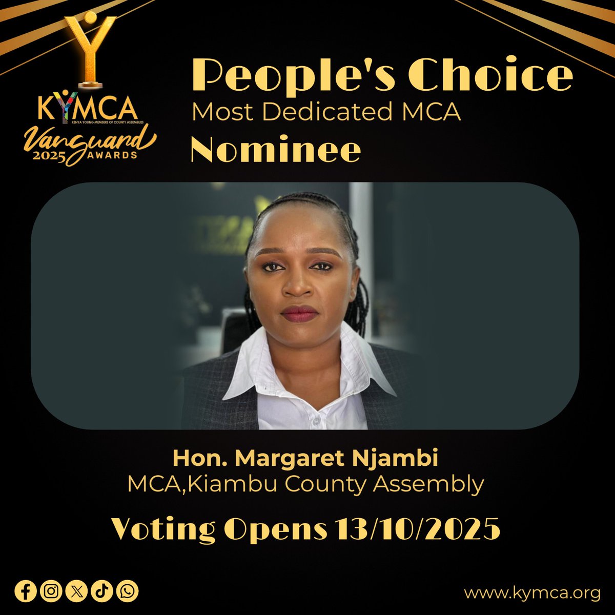 ClintonOlu29589's tweet photo. Most Dedicated MCA Nominee.
Hon.Margaret Njambi.
Vote now 👉https://t.co/Q97bXqwMO6
@kymcaorg vanguard awards 2025
#PeoplesChoiceAward
#KYMCAVanguardAwards2025
#VoteNow https://t.co/4weCm932aQ