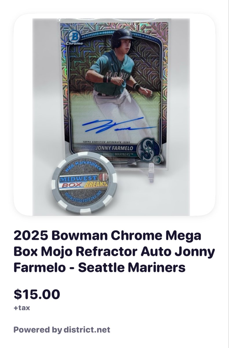 🔥 Just added to the MBB Mariners District!

🔥 2025 Bowman Chrome Mega Box Mojo Refractor Auto Jonny Farmelo - Seattle Mariners

Claim here 👉district.net/product/2025-b…