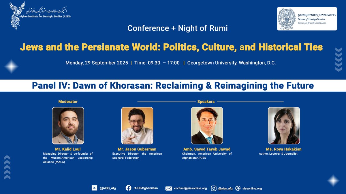 Watch the fourth panel, "Dawn of Khorasan: Reclaiming &amp; Reimagining the Future," of the conference “Jews and the Persianate World: Politics, Culture, and Historical Ties,” held on September 29, 2025, at <a href="/Georgetown/">Georgetown University</a> University in Washington, D.C. <a href="/MALANational/">MALA</a> <a href="/AmbassadorJawad/">Said T Jawad - سید طیب جواد</a>