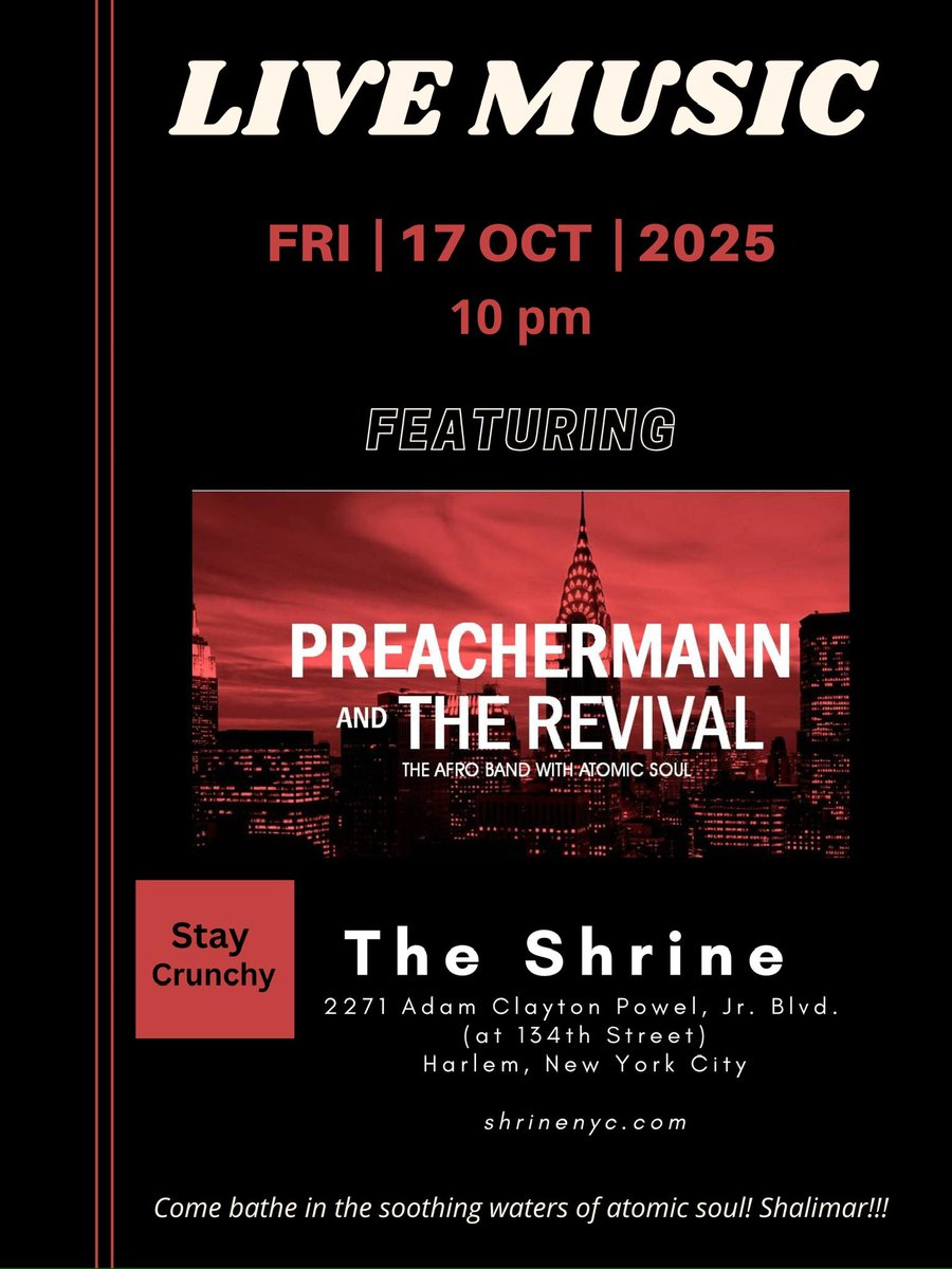 New Show Alert (10/17/25): Did you miss the show last month? Never fear! You can catch Preachermann and The Revival at the Shrine on Friday, October 17th at 10:00 pm.  Come bathe in the soothing waters of atomic soul! Shalimar! shrinenyc.com🤩