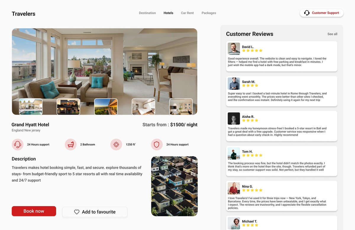 Ksammydesigns's tweet image. Daily UI #067 – Hotel Booking Page

Seamless booking, clean visuals, and customer trust ,
 all in one screen.
I designed this concept focusing on simplicity, clarity, and user confidence while booking a stay. ✨

💬 What do you think about the review section layout?

#UIDesign