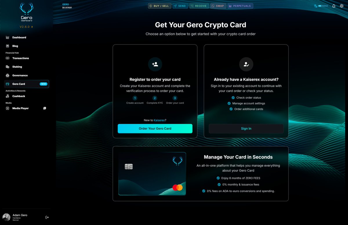The wait is almost over.
This week, you can order your Gero Card.
The first Cardano-powered crypto card with direct in-wallet top-ups. 💳
Available worldwide (excluding US). 🌎

#CardanoCommunity - are you ready for Gero Dashboard 2.6.0?