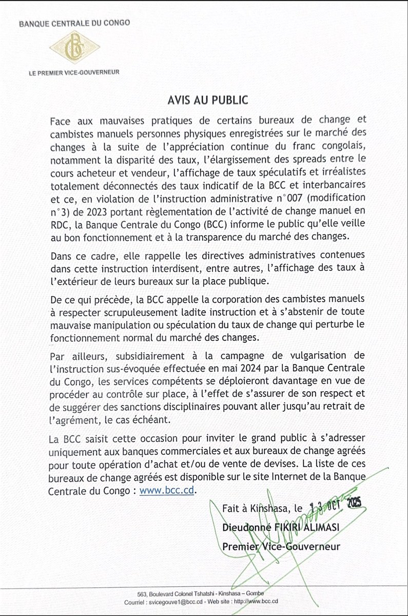 Face aux mauvaises pratiques observées sur le marché des changes en ce contexte d’appréciation du franc congolais, la Banque Centrale du Congo rappelle à la corporation des cambistes manuels l’exigence de se conformer aux dispositions de l’instruction 007 - modification n°3 de