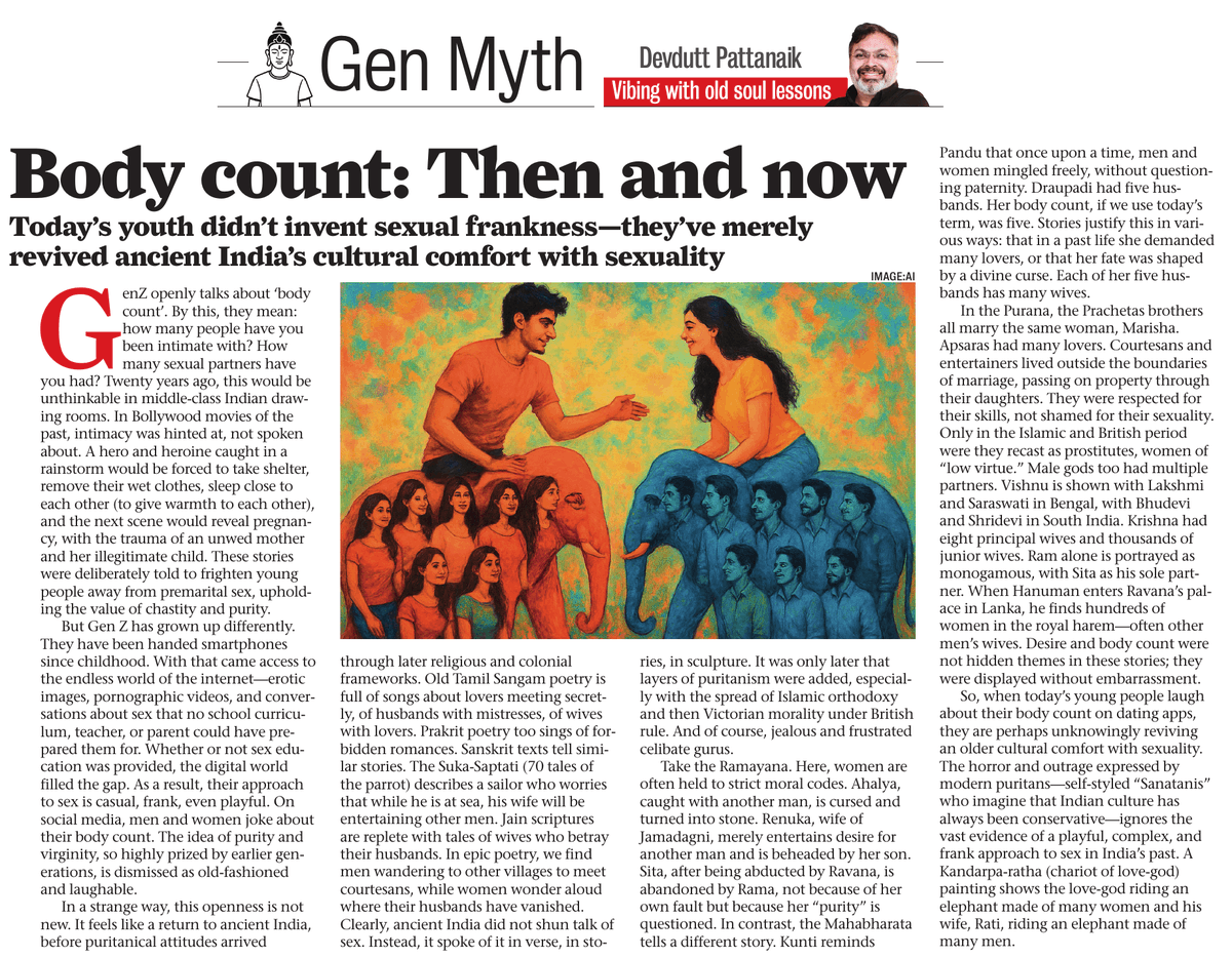 devduttmyth's tweet image. When today’s young people laugh about their body count on dating apps, they are perhaps unknowingly reviving an older cultural comfort with sexuality.
Read more:
Body count: Then and now