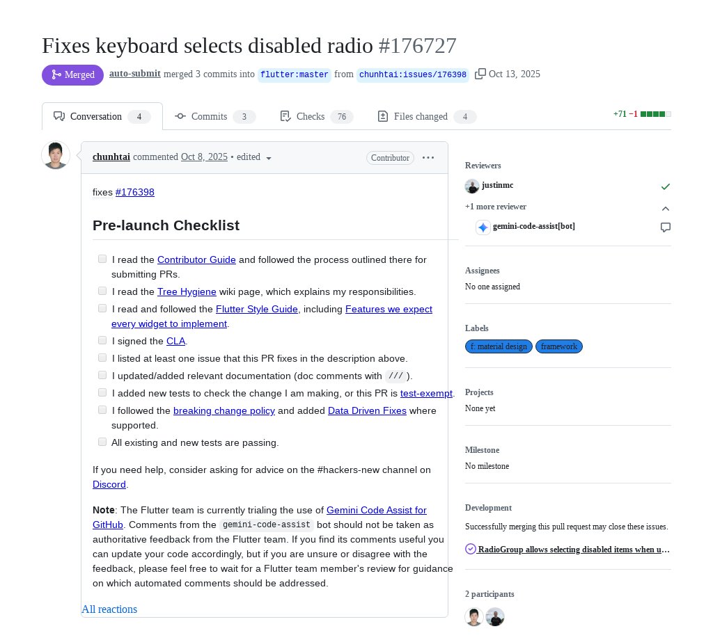 FlutterMerge's tweet image. "Fixes keyboard selects disabled radio" by chunhtai was merged into #Flutter master github.com/flutter/flutte…
