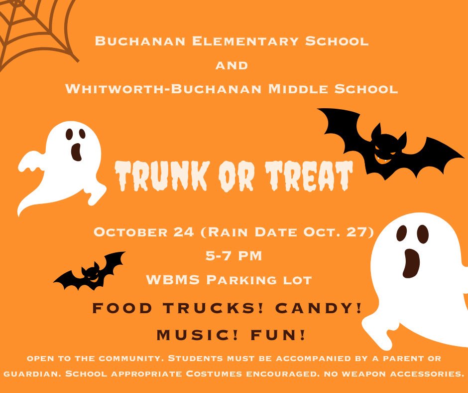 wbmsboro's tweet image. We are excited to partner with Buchanan Elementary again this year for our annual Trunk or Treat on October 24th (rain date Oct. 27) from 5-7:00. This is a family event offered to our community free of charge. Join us for candy, costumes, music, and fun!