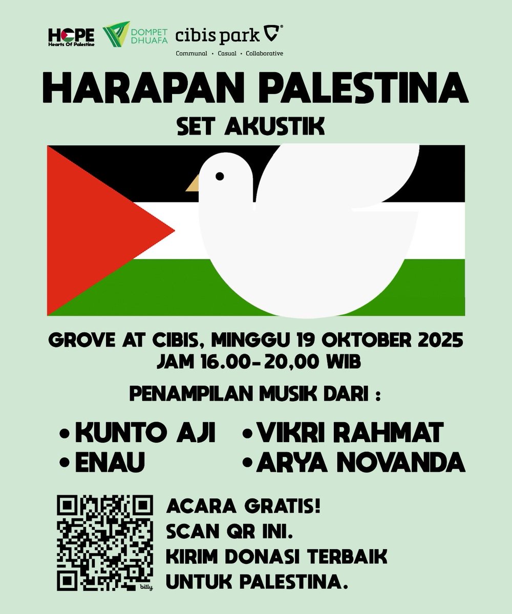 Eka Annash (@ekaannash) on Twitter photo Minggu 19 Okt di Grove at Cibis Park, TB Simatupang mulai jam 16.00 - 20.00 wib.
Acara gratis, tapi beri donasi terbaikmu untuk Palestina melalui bit.ly/donasihope Minggu 19 Okt di Grove at Cibis Park, TB Simatupang mulai jam 16.00 - 20.00 wib.
Acara gratis, tapi beri donasi terbaikmu untuk Palestina melalui bit.ly/donasihope