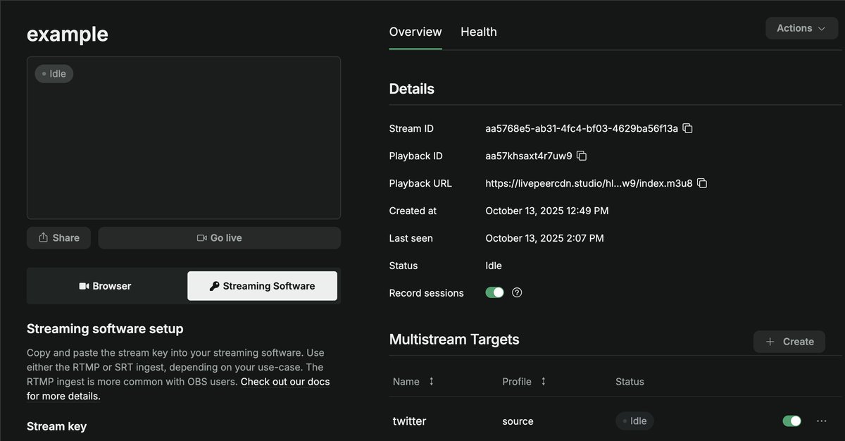 I want to do some streaming and I didn't realize how easy (and fun) it is to set up. If anyone else would like to try the same, this was my setup in under 30 minutes:

OBS -> Livepeer Studio -> Twitter Studio

1. Download OBS, this is what you use to stream your video and