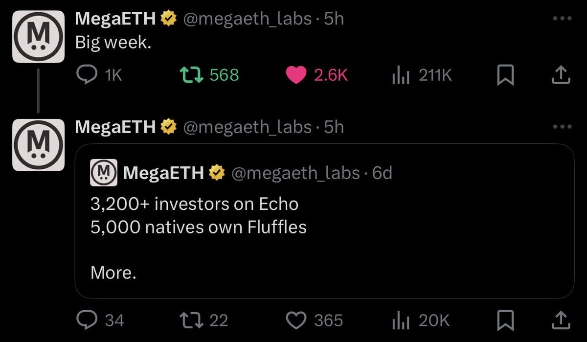 I talked about positioning well for <a href="/megaeth_labs/">MegaETH</a> yesterday…

And Megaeth tweets “big week” today…

Are you late to Megaeth? No
Are you early to Megaeth? No

At the moment your best bet is to either lock in on NFTs or Pre-TGE project on Megaeth.

Here are some projects you