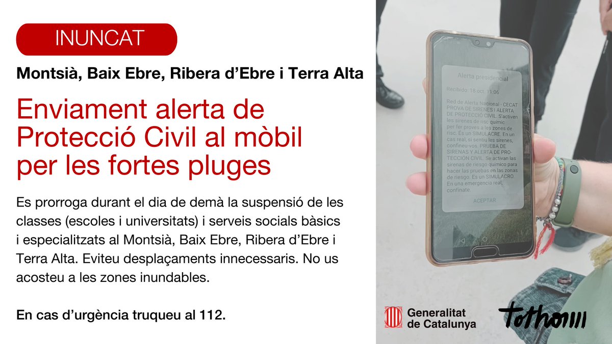 📲 Enviament nou Es-Alert a les comarques del Montsià, Baix Ebre, Ribera d'Ebre i Terra Alta 📍

✔️ Es prorroga a demà la suspensió de les classes i serveis socials bàsics i especialitzats
✔️ No us acosteu a zones inundables
✔️ Minimitzeu desplaçaments i activitats

#EsAlert