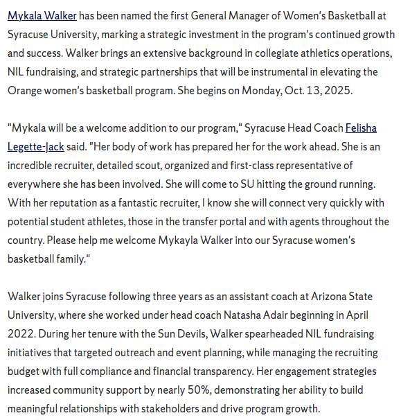 Mykala Walker, who most recently served as an assistant coach at Arizona State, has been named the first general manager of women's basketball at Syracuse cuse.com/news/2025/10/1…