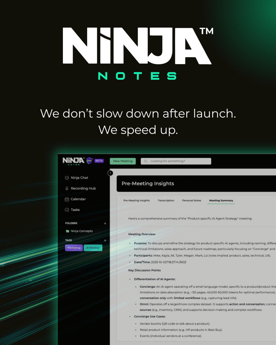 NinjaConceptsAI's tweet image. One week post-launch and we’re not slowing down.

We’re already refining and expanding Ninja Notes to make meetings smarter with every update.

👉 Join the beta: na2.hubs.ly/H01xLX70

#NinjaNotes #AIProductivity