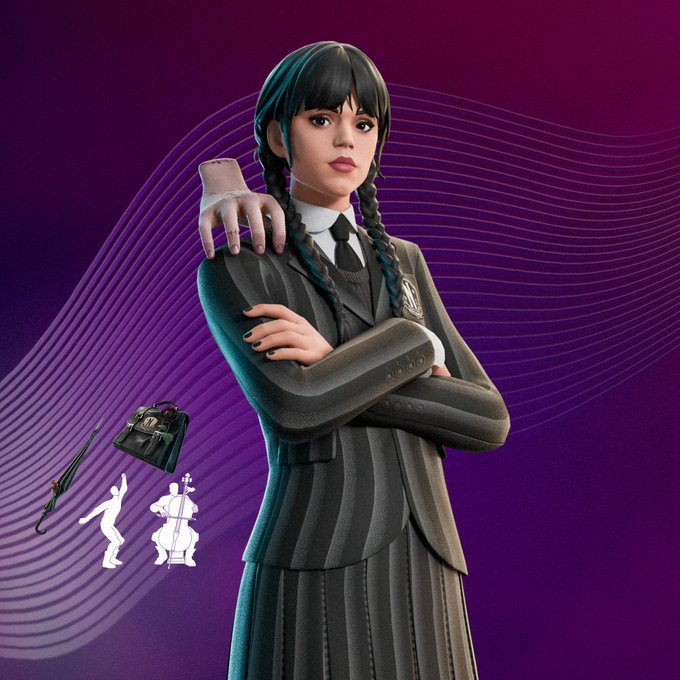 🏆 O Campeonato Wandinha acontece em 23 de outubro no modo Duplas (Reload). No Brasil, o TOP 250 ganha o traje Wandinha Addams e quem fizer 8 pontos recebe o spray Túmulo Wandinha. #Fortnite