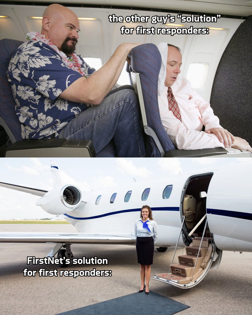 FirstNet's tweet image. Ever flown crammed in the middle seat, knees to your chest, elbow wars in full swing? That’s what life on a spectrum slice is like. Now, imagine stretching out on your own private jet... That’s Band 14. Why squeeze in with the crowd when you can fly VIP?