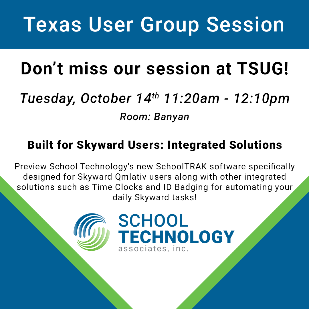 We will be presenting at the <a href="/TSUGTX/">TEXAS SKYWARD USER GROUP</a>  <a href="/Skyward_Inc/">Skyward</a> User Group October 14th!

➡️ Learn about our new SchoolTRAK app
➡️ Find out about our time reporting solutions - including a new app for Q
➡️ And more ways to automate your daily tasks!

See you in the Banyan room at 11:20am!🤩