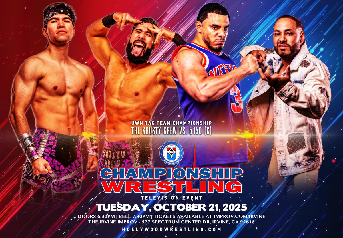 🚨 TAG TEAM CHAOS RETURNS 🚨
Fresh off the Heist of the Century, new UWN Tag Team Champions 5150 defend against the returning high-flyers Krusty Krew (Dom Kubrick &amp; Lucas Riley)!

Tue, Oct 21 | Irvine Improv
🎟️ ticketweb.com/event/champion…