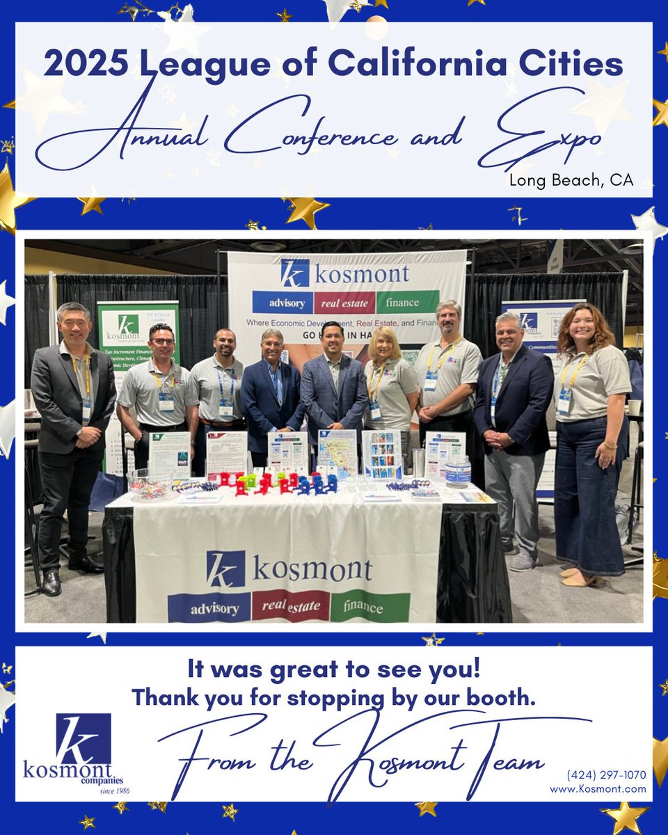KosmontTweets's tweet photo. What an All-Star Event! Congratulations to @CalCities for putting on a truly memorable conference and expo. Kosmont participated as a speaker, exhibitor, attendee, and co-host of a private event. We want to thank everyone who helped make this conference a success including those who stopped by our booth, scheduled meetings, attended our private event including our amazing co-hosts (@SitelogIQ, @gensler_design, Shuster, @VanirCM, and California City News), and our engaging, knowledgeable, and remarkable panelists (Steve Samuelian, Chris Zapata, and Dr. Robert Lennox). We are proud to be a League Partner! #Kosmont @KosmontRealty  #KosmontFinancialServices #CalCitiesAnnual @larrykos