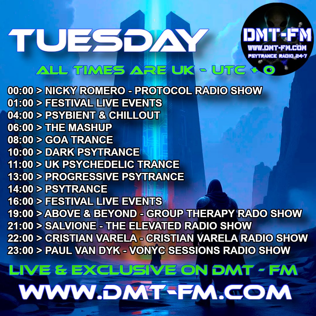 dmtfm_psytrance's tweet photo. Shows on DMT FM Tuesday 14/10/2025
DMT FM - Psytrance Radio Broadcasting 24/7
https://t.co/CHceWhViIM
#psytrancemusic #psybient #goat #fullon #EDM #psybreaks #progressive #psydu #psycore #darkcore #Acidtrance #techno #trance #electronicmusic #music #dmtfm #radioshow #radiostation https://t.co/gbm7YEab5D