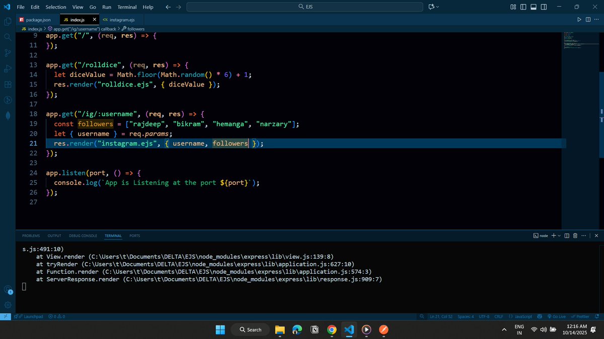 Thomas__4_20's tweet image. Day 65 of #100DaysOfCode
Dived deep into EJS today 🚀
🔹 What is templating
🔹 Using EJS & directory views
🔹 Interpolation syntax
🔹 Passing data, conditionals & loops
Feels great connecting backend logic with frontend views
#buildinginpublic #WebDev #ConsistencyWins