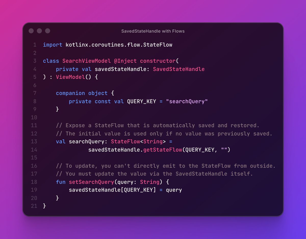 drmobiledev's tweet image. SavedStateHandle with Flows

#kotlin #androiddev