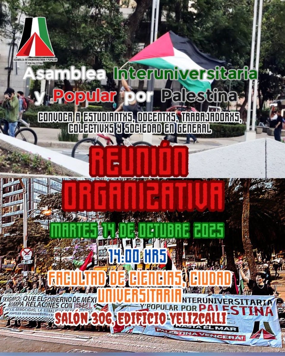⚠️⚠️⚠️
¡ASAMBLEA! NOS VEMOS EL MARTES 14 DE OCTUBRE, A LAS 2:00 PM, en la Facultad de Ciencias de la UNAM para continuar organizando acciones en solidaridad con el pueblo Palestino.