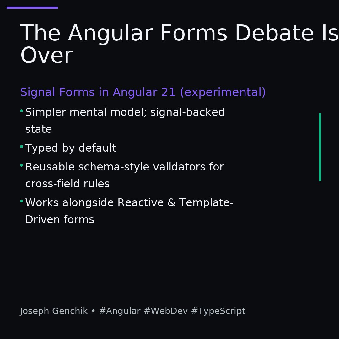 jgenchik's tweet image. Angular forms debate: settled.
Reactive vs Template-Driven? Neither.
Signal Forms (Angular 21, experimental) → simpler model, typed by default, and schema-style cross-field validation—works alongside current forms.
#Angular21 #TypeScript #WebDev