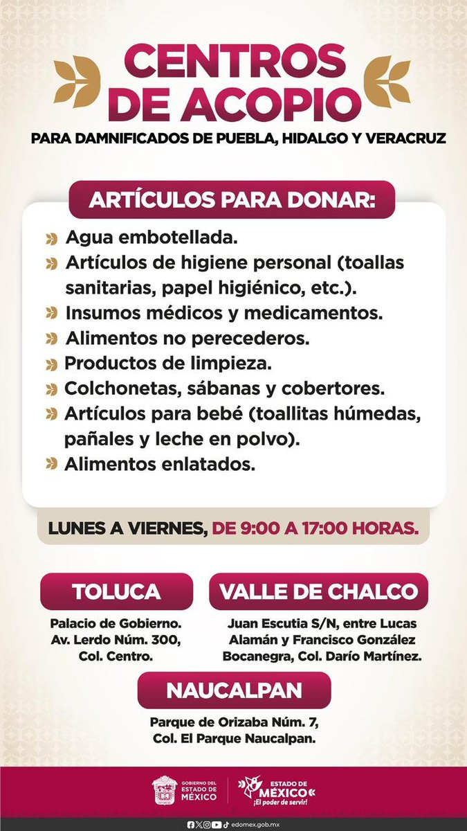 ModernoEdomex's tweet image. Artículos que puedes donad para los damnificados de Puebla, Hidalgo y Veracruz. Consulta los lugares y horarios en donde lo puedes realizar
